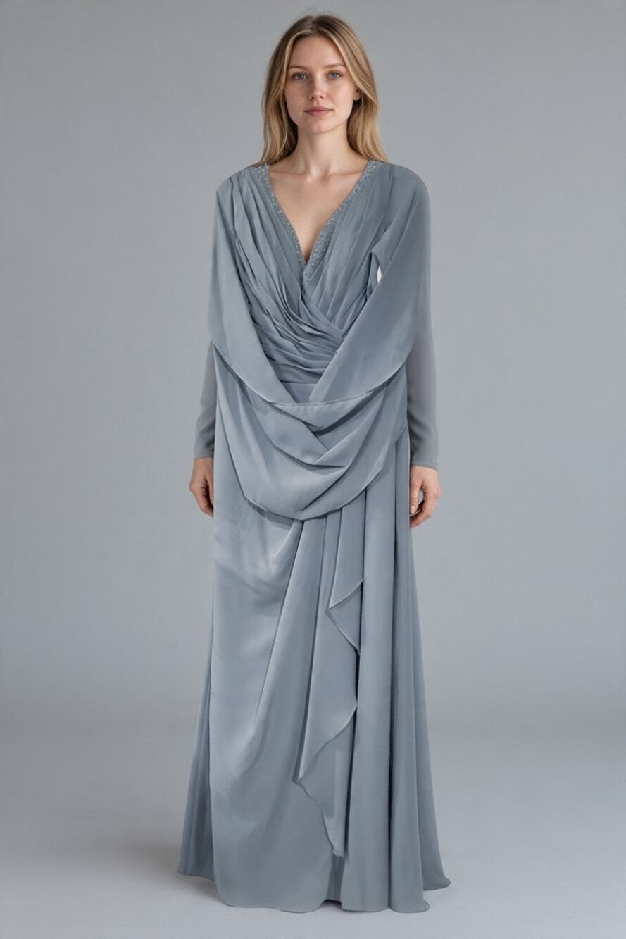 Gray Blue Ruched V Neck Long Formal Gown Mother of Bride Evening Dress Size 16